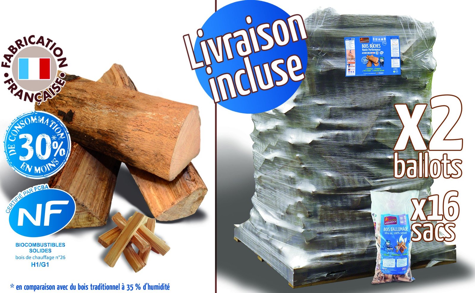 Bois de chauffage – bûches 40 cm, 3,32 m³, 4,5 stères + 16 sacs de bois d’allumage