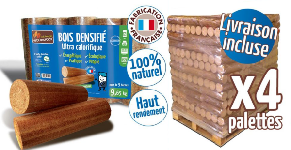 Bûches calorifiques Woodstock – 4 palettes, 416 sacs de 5 bûches